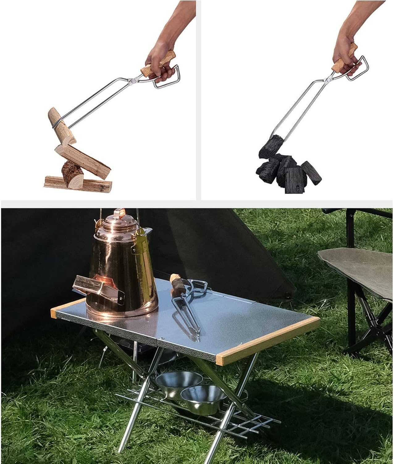 Fireplace Tongs, Heavy Duty Stainless Steel Log Grabber with Beech Wood Handle, Fire Pit Tongs for Outdoor, Barbecue, Wood Stove, Coal Stove