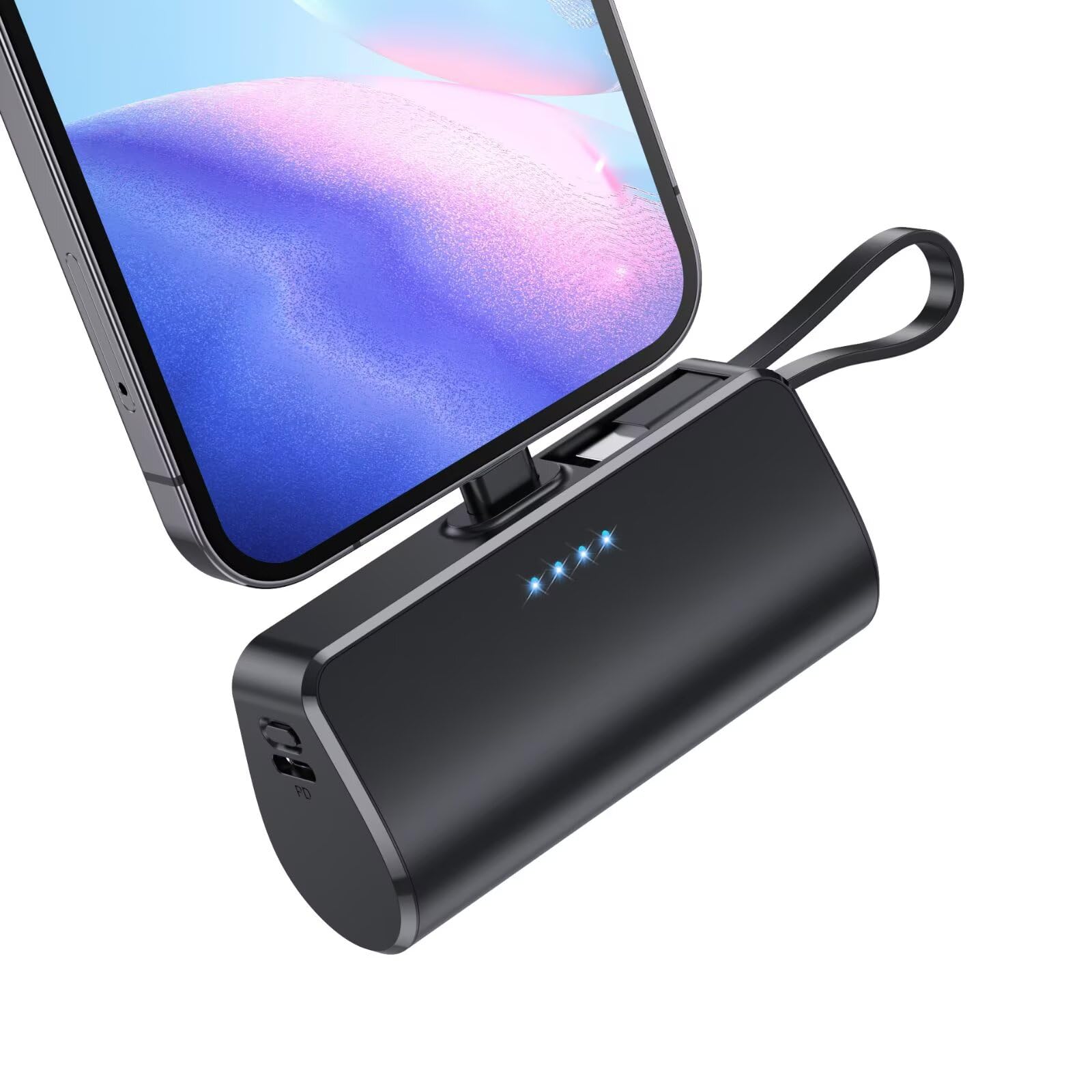 Mini Portable Charger for iPhone with Built-in Type-C Cable 5200mAh Ultra-Compact Power Bank PD 20W Fast Charging Battery