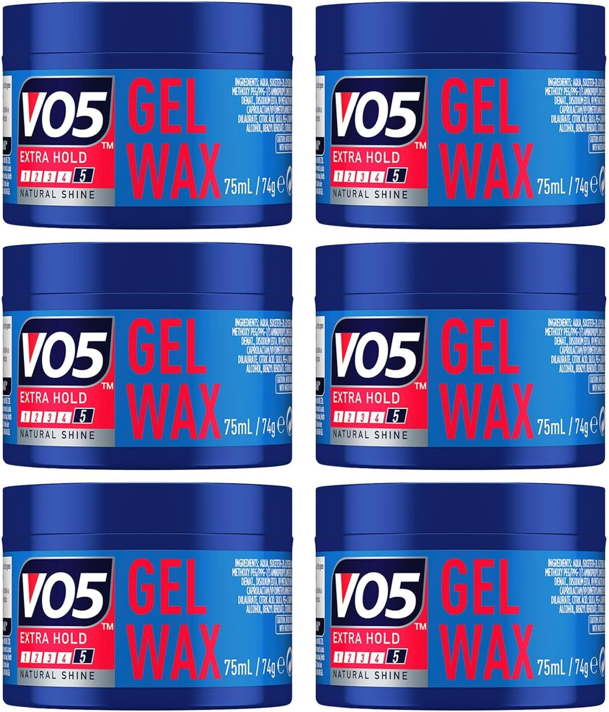 VO5 Extra Hold Gel Wax for Hold, Definition and Natural Shine, Shapes Perfect for Short to Mid-Length Neat Cuts and Helps You Create a Clean Slick look, 75ml (Pack of 6)