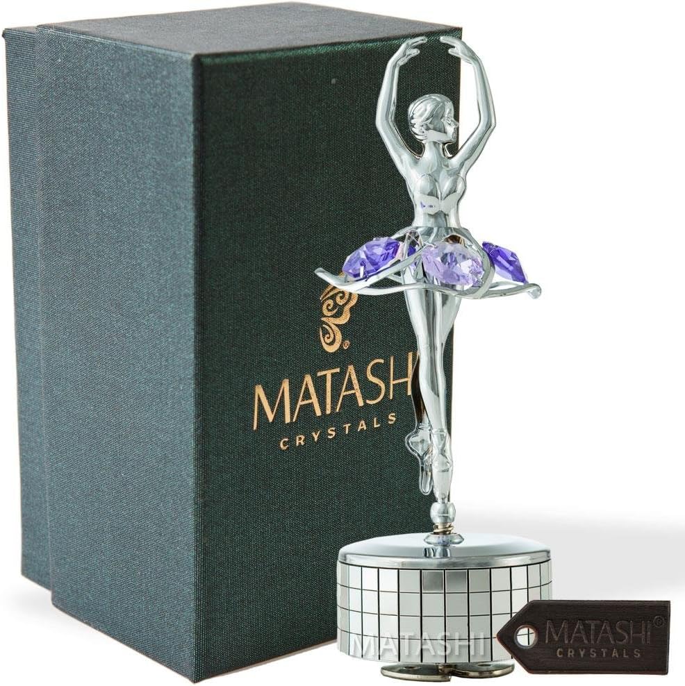 Matashi Valentine's Day Gift for Women - Chrome Plated Ballet Dancer Wind-Up Music Box w Purple Crystals - Tabletop Ornament for Home, Bedroom for Musician, Wife, Mother's Day, Birthday