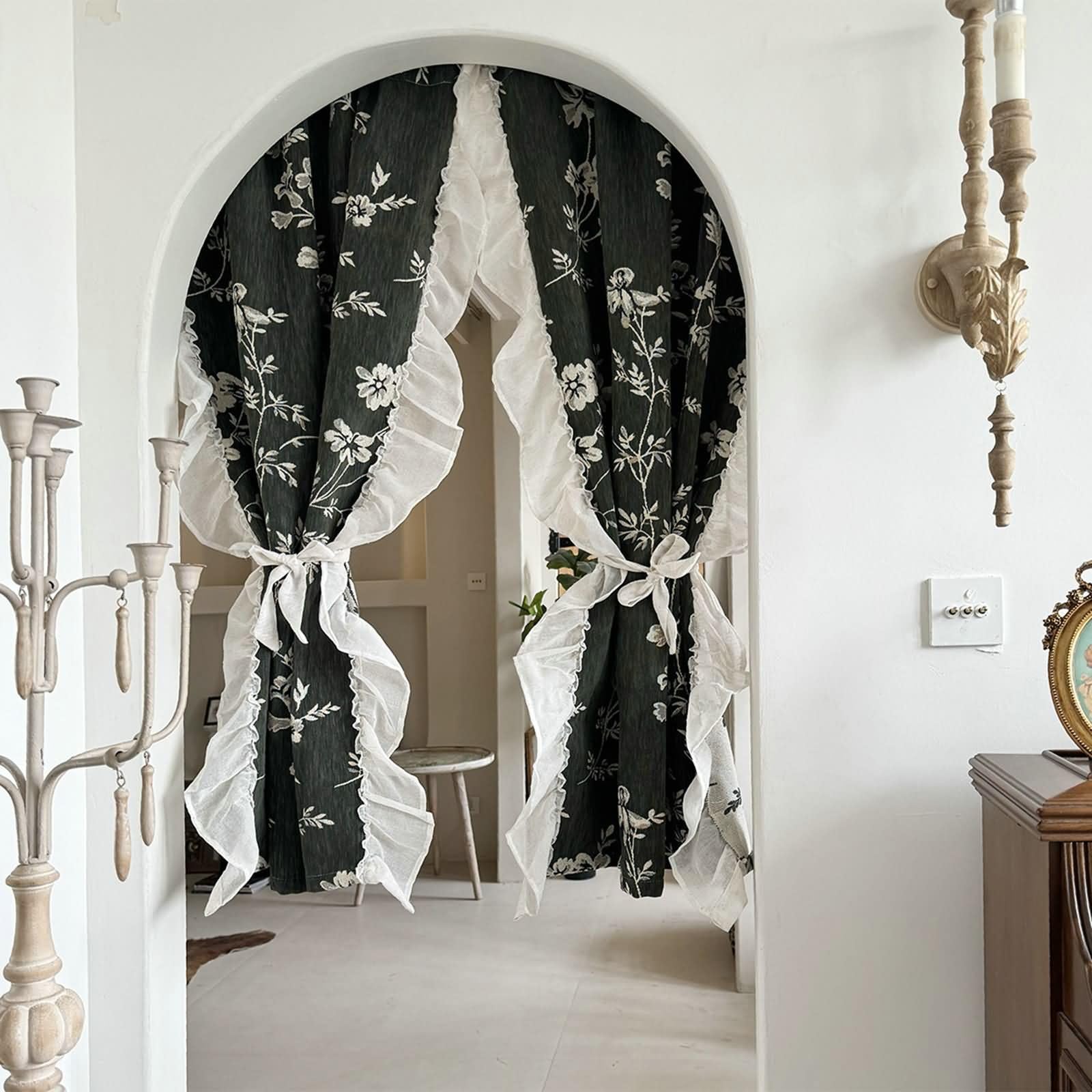 Cortina corta verde gris jacquard: juego de 2 paneles de ventanas con flores y volantes