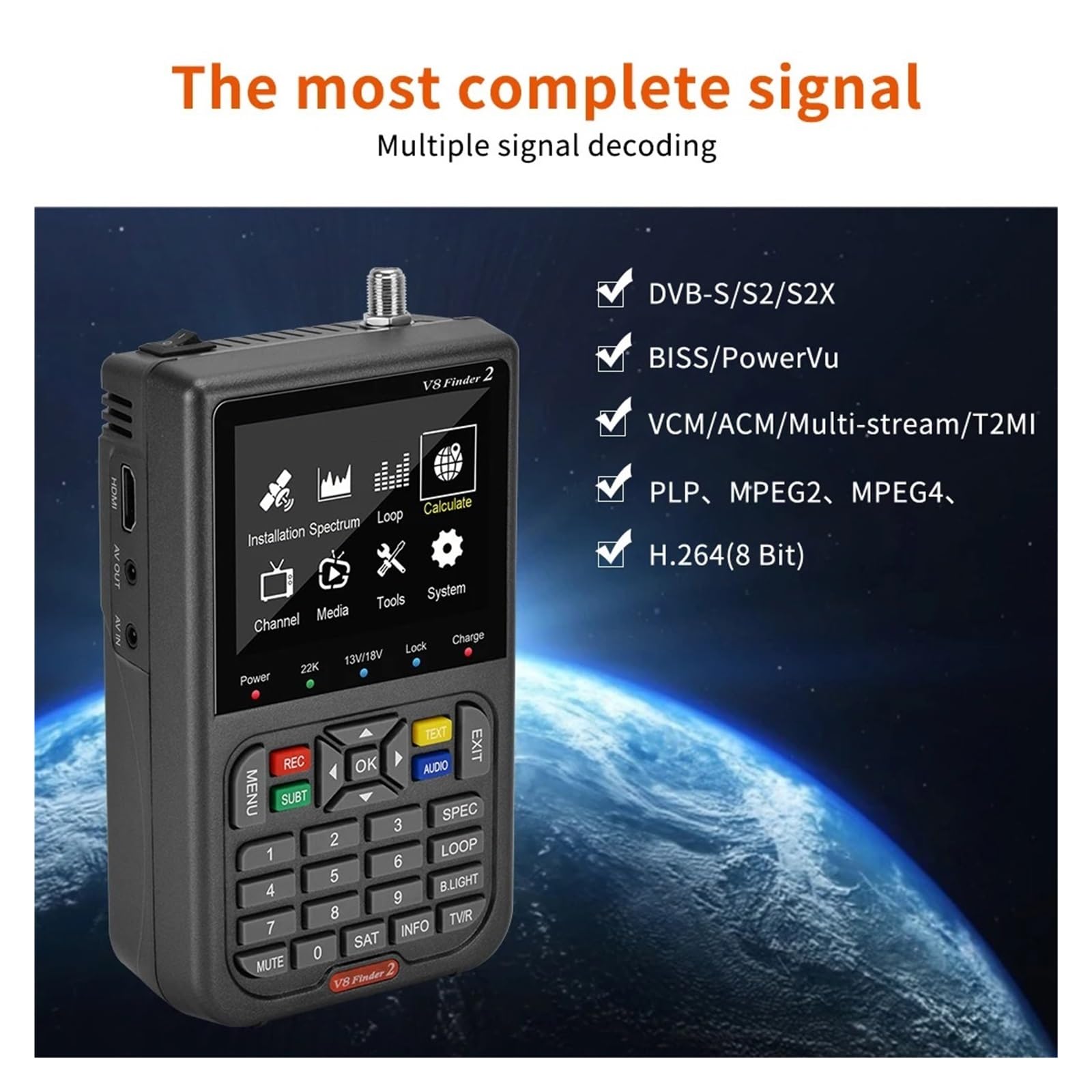 Rilevatore di segnale satellitare digitale FTA DVB-S/S2/S2X con schermo LCD for la regolazione antenna parabolica della TV Localizzatore di segnali