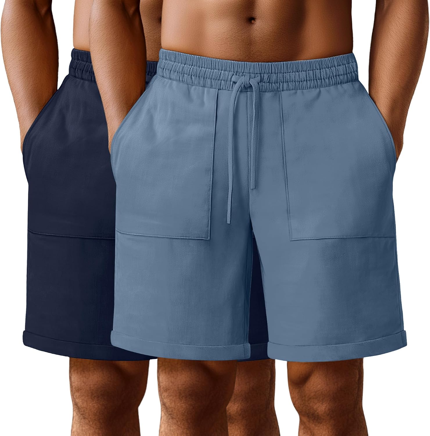 Neer 2 Pack Men's Big and Tall Cotton Linen Blend Bermuda Shorts, Casual 7'' Elastic Drawstring Pockets Flat Front Shorts