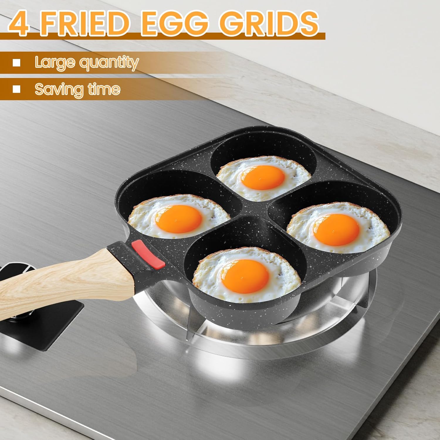 4 Cups Egg Frying Pan Nonstick Egg Pan Multifunctional Omelette Pan Healthy Omelette Skillet with Wood Handle
