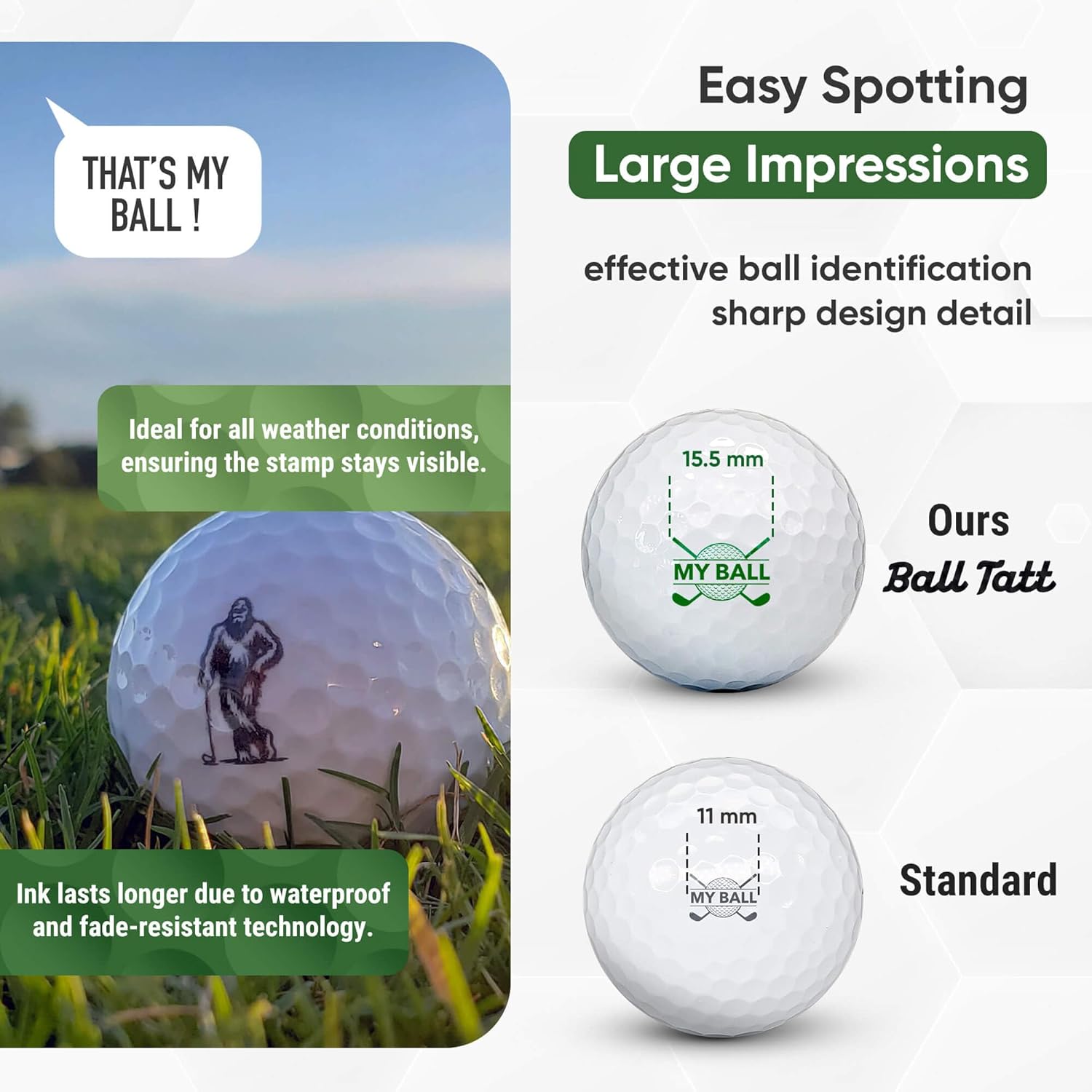 Golf Ball Stamp - Self-Inking Marker - Quick-Dry Permanent Marking Tool, No Leaks or Refills, Reusable & Waterproof Golfing Stamper - Ideal Gift for Golfers, Dads, (Bigfoot Edition).