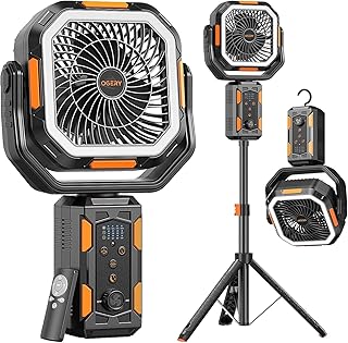 OGERY Camping Fan, Portable Fan with Adjustable Height Stand, 20000mAh Rechargeable Battery Powered Fan with Remote, LED Light, Auto Oscillation, Fast Charging, Floor or Desk Fan for Tent, RV, Travel