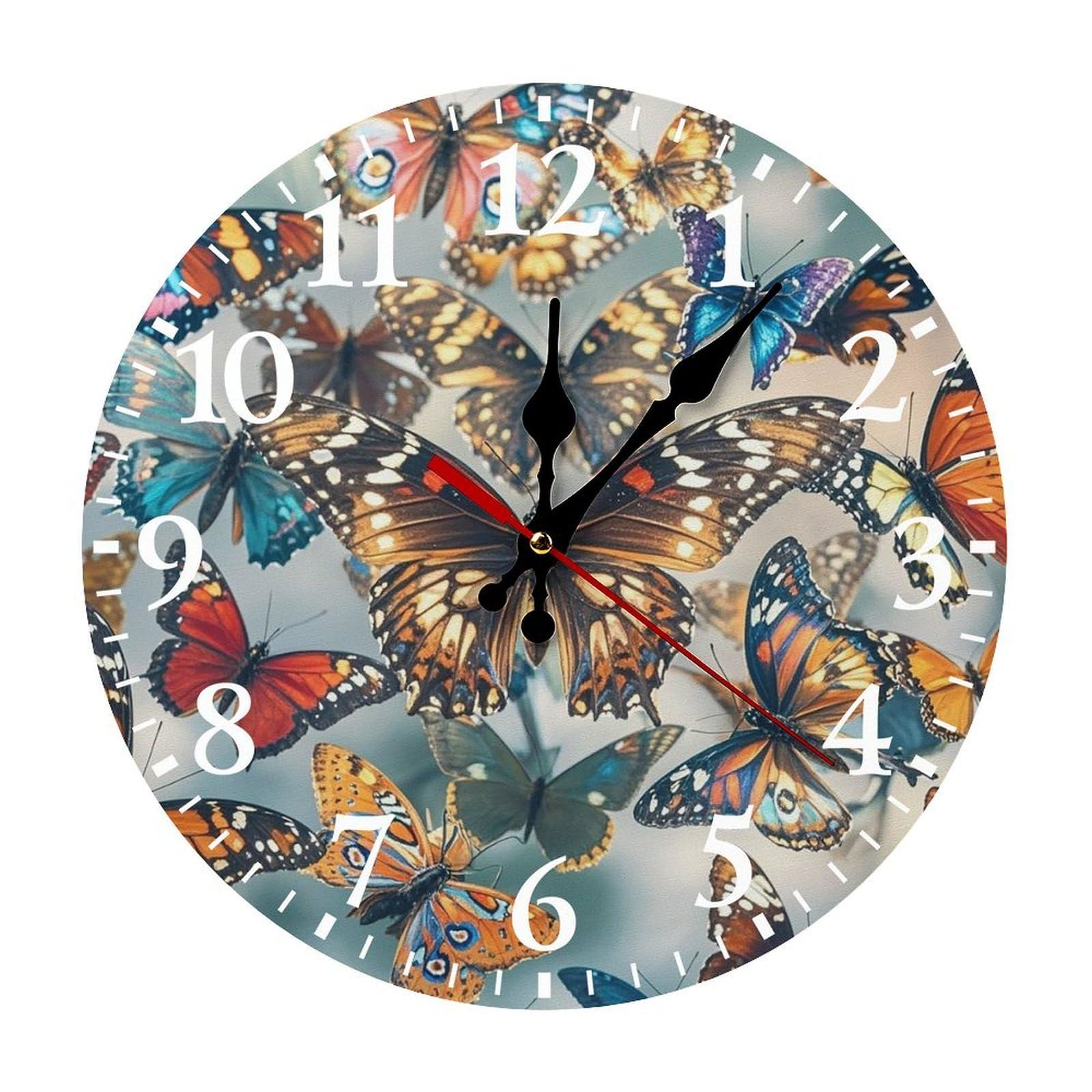 QMNLKH Butterflies Wall Clock for Home, Battery Operated Clock for Hotel, Round Wall Clock with Arabic Numerals White, Easy to Read, Non-Ticking Clocks for Living Room 25 * 25cm