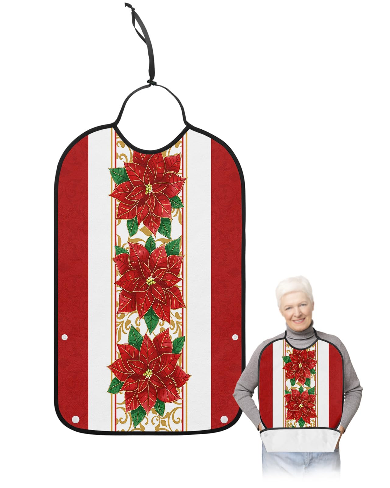 LEOKOTI Red Poinsettia Christmas Adult Bibs for Eating, Waterproof Bibs with Food Catcher & Adjustable Snap Closure, Xmas Botanical Floral Washable Clothing Protectors Adult Bibs for Elderly Women/Men
