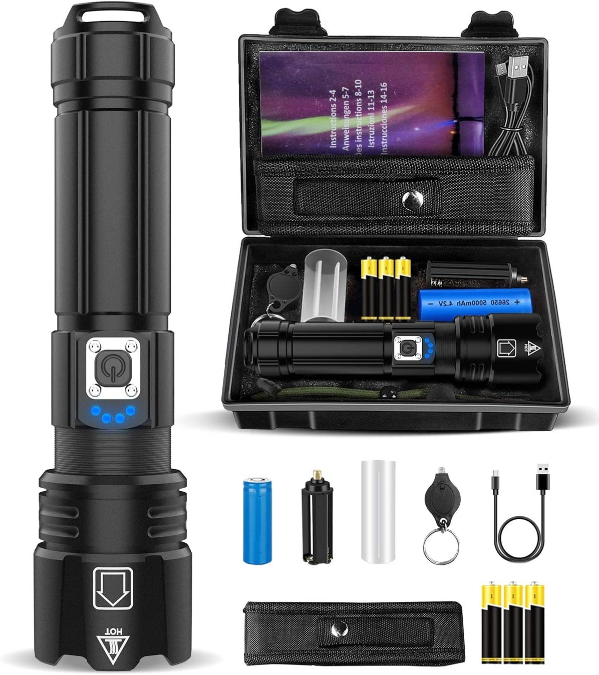 15000 Lumens Super Bright LED Torch, XHP70.2, IP67 Waterproof, for Camping & Emergency (5000mAh Battery)