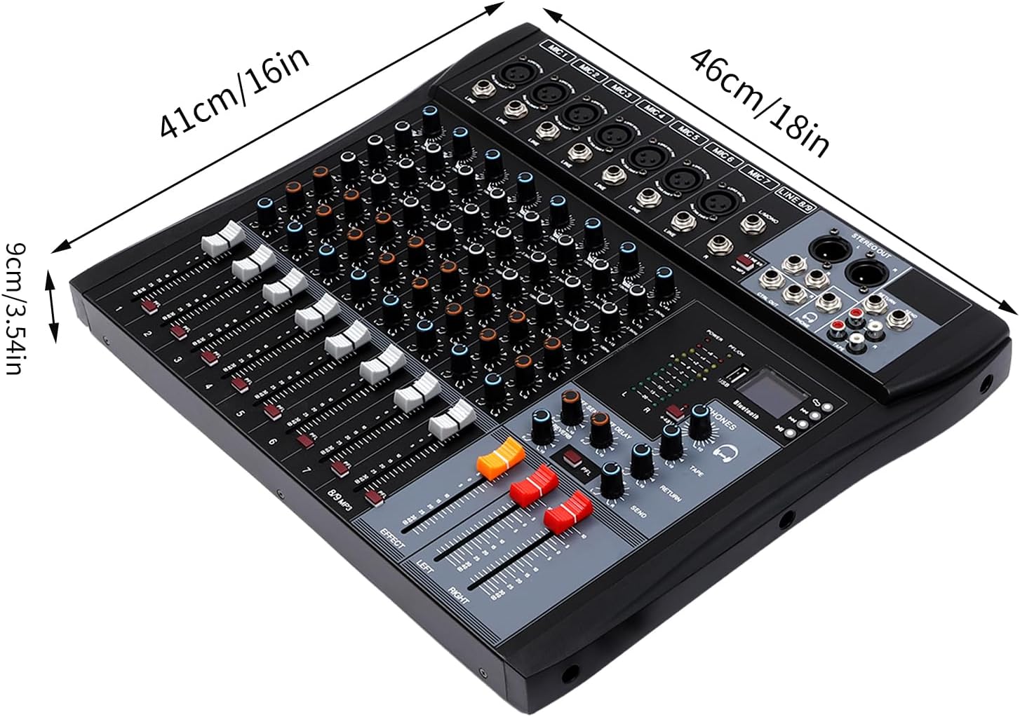 8-Channel Audio Mixer, DJ Bluetooth Mixing Console Sound Board USB Professional Mixer for Recording Studio Bars Live Broadcasts LCD Screen Indicator Lights, Black
