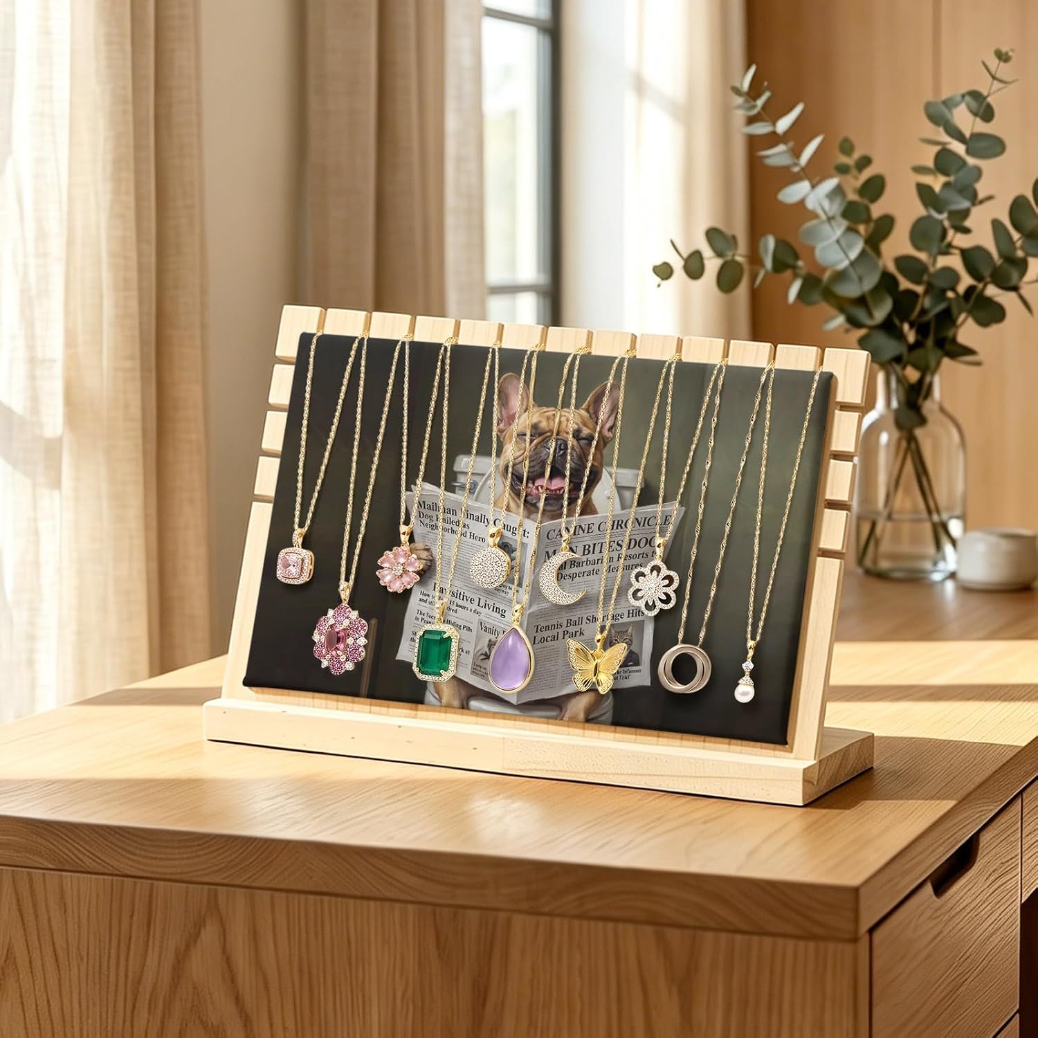 Necklace Display Stand,Funny Bulldog Reading Newspaper Wooden Pendant Necklaces Holder Stands with PU Panel Abstract Dog on Toilet Jewelry Rack Organizer for Vendors and Home,12x3x8in