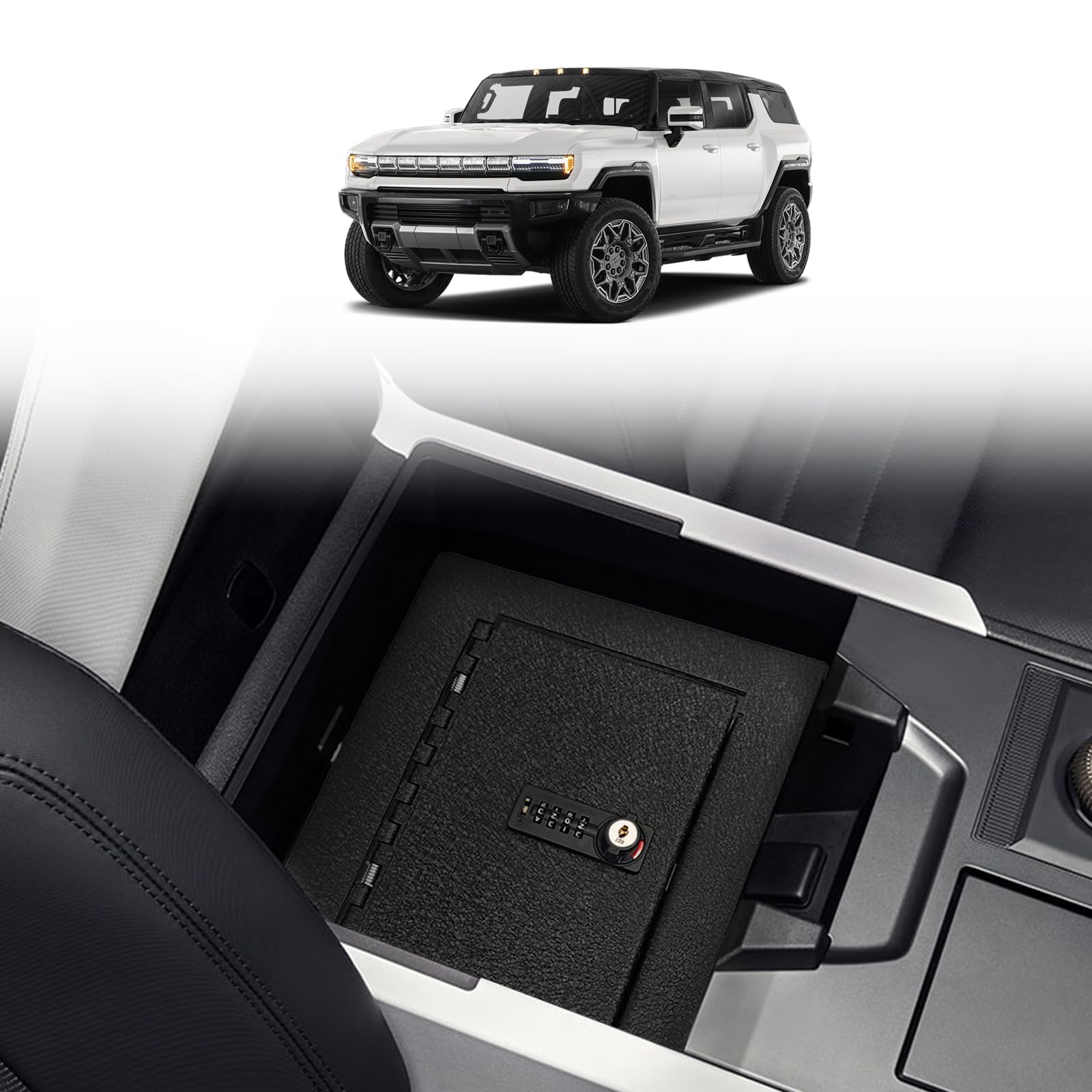 BestEvMod Center Console Safe Vault LockBox Compatible with Hummer EV 2022-2025 Pickup SUV Gun Safe Vault Console Storage Interior Organizer with 4 Digit Combo Lock Security Anti-Theft