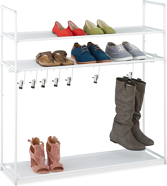 Relaxdays Shoe 3 Tiers, Plug-in System, 12 Pairs, 7 Boot Hooks, Metal & Fabric, Hallway Compact Storage Rack White, 70% steel 20% fleece 10% plastic, 101x100x30 cm