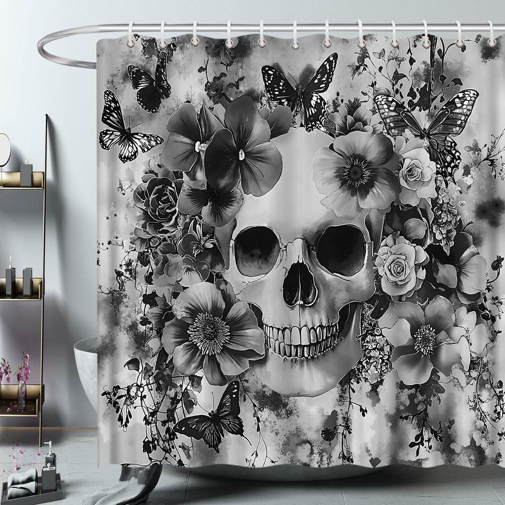 Skull Flower Shower Curtain Black White Grey Fantasy Floral Suger Skeleton Butterfly Gothic Magic Witchcraft Halloween Bathroom Polyester Curtains Set with Hooks 70x84 Inch