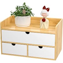 Desk Organizer with Drawers - Bamboo Desktop Organizer Storage | Natural-White Wood Desk Drawers Organizer for Bills, Office Supplies, Cosmetics, Seals No Assembly Required