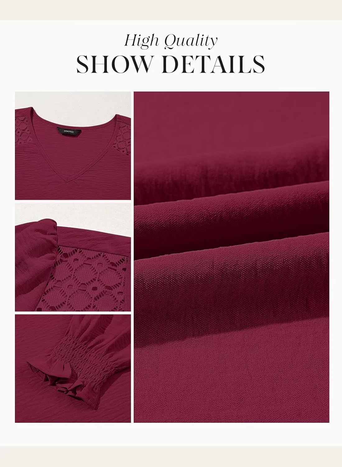 Dokotoo Womens Fall Fashion 2025 Business Casual V Neck Long Sleeve Lace Trim Tops with Smocked Cuffs Loose Blouses - Image 5