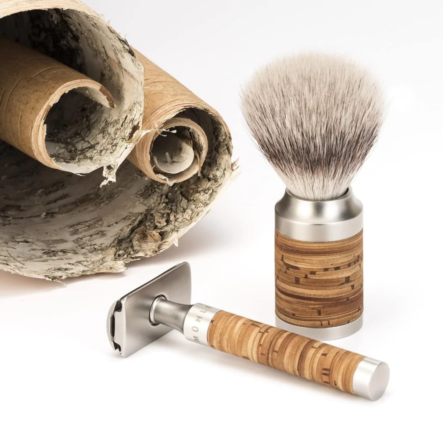 Mühle s091m95 Set de rasage Rocca, 3 pièces, manche du rasoir et monture du blaireau écorce de bouleau