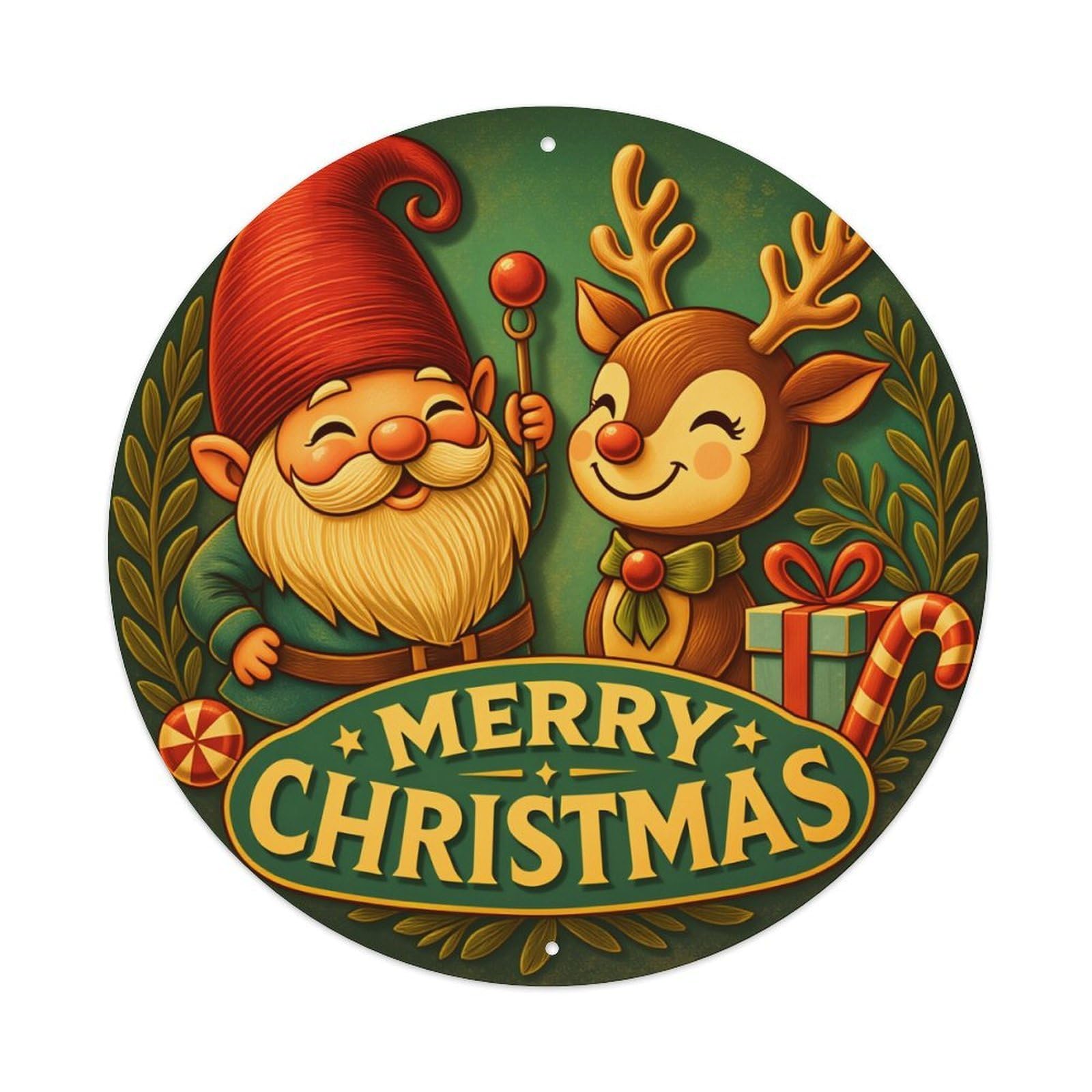 Gnome Reindeer Gift Candy Christmas Round Tin Sign Vintage Metal Poster, Home Bar Garage Man Cave Cafe Indoor & Outdoor Wall Decoration 8x8Inches