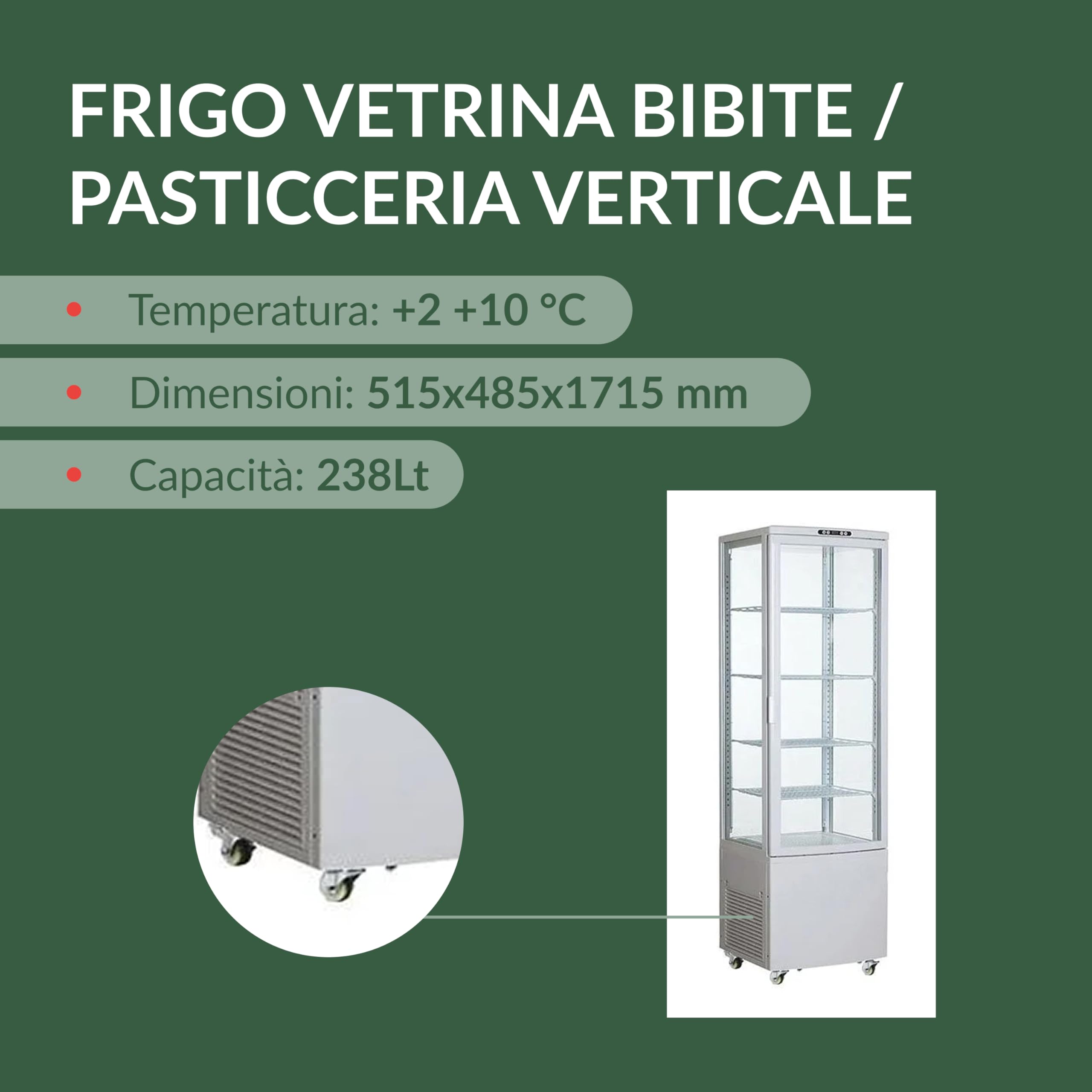 Ristoattrezzature Vetrina Espositiva 4 Lati Vetro 238 lt - Bianca - Bibite e Pasticceria - 0/+12°C - 51,5x48,5x171,5h cm