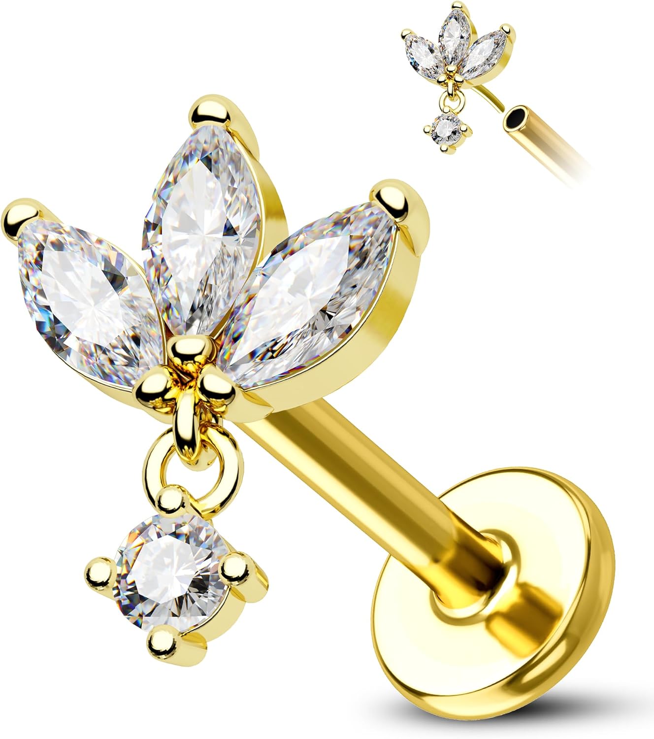 COCHARM Silver Gold Dangling Lotus Helix Tragus Earring Stud 16g 6mm Threadless Cartilage Earring Flat Back Flower Helix Cartilage Piercing Short Bar Helix Jewelry