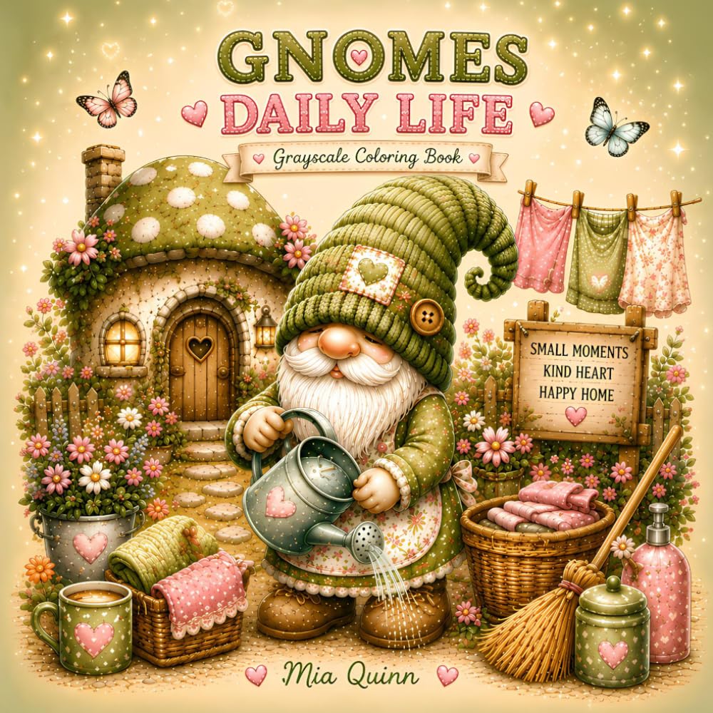 Gnomes Daily Life Grayscale Coloring Book: 50 Cozy Grayscale Coloring Pages of Cute Gnomes Cooking, Gardening, Crafting, and Enjoying Everyday Village Life (Cozy Gnome Coloring Collection)