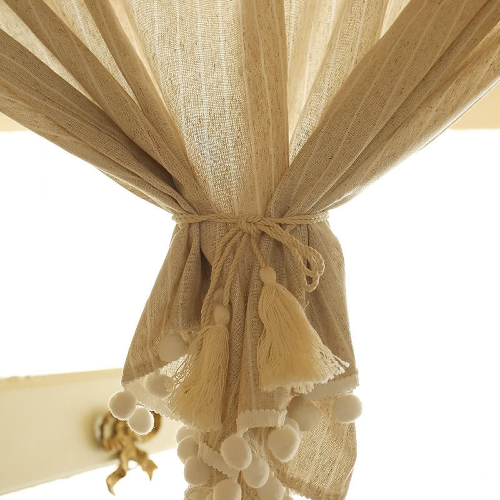 Kurze Gardinen Küche, Verdunkelung Bistrogardine Beige Polyester Scheibengardinen Einfarbig mit Streifenmuster und Pompons BxH 135x150cm