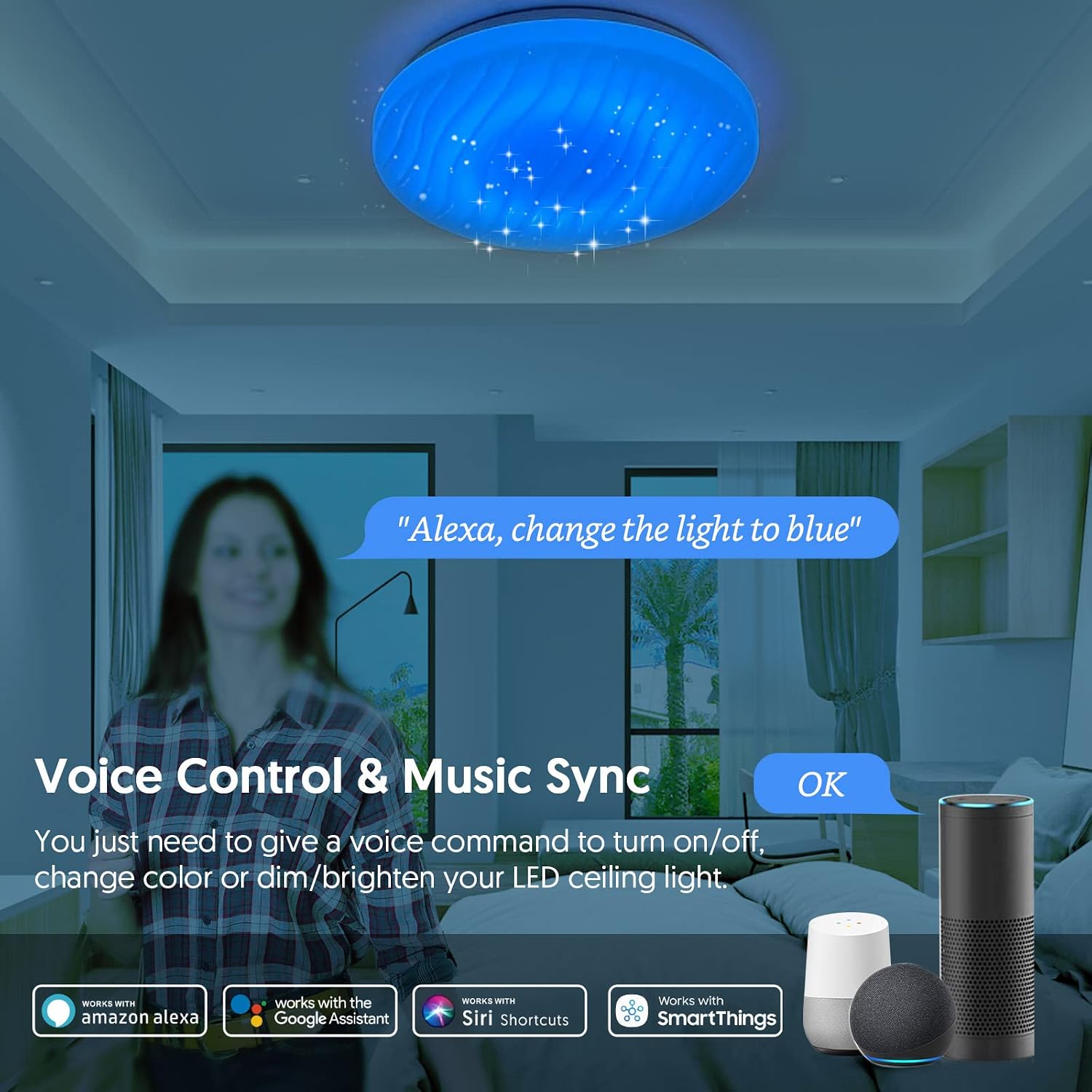FREECUBE Bedroom Ceiling Light with APP Control, 13 Inch 18W Dimmable Modern Ceiling Light Compatible with Alexa, Siri & Google Home LED Ceiling Light Fixture for Bedroom/Living Room