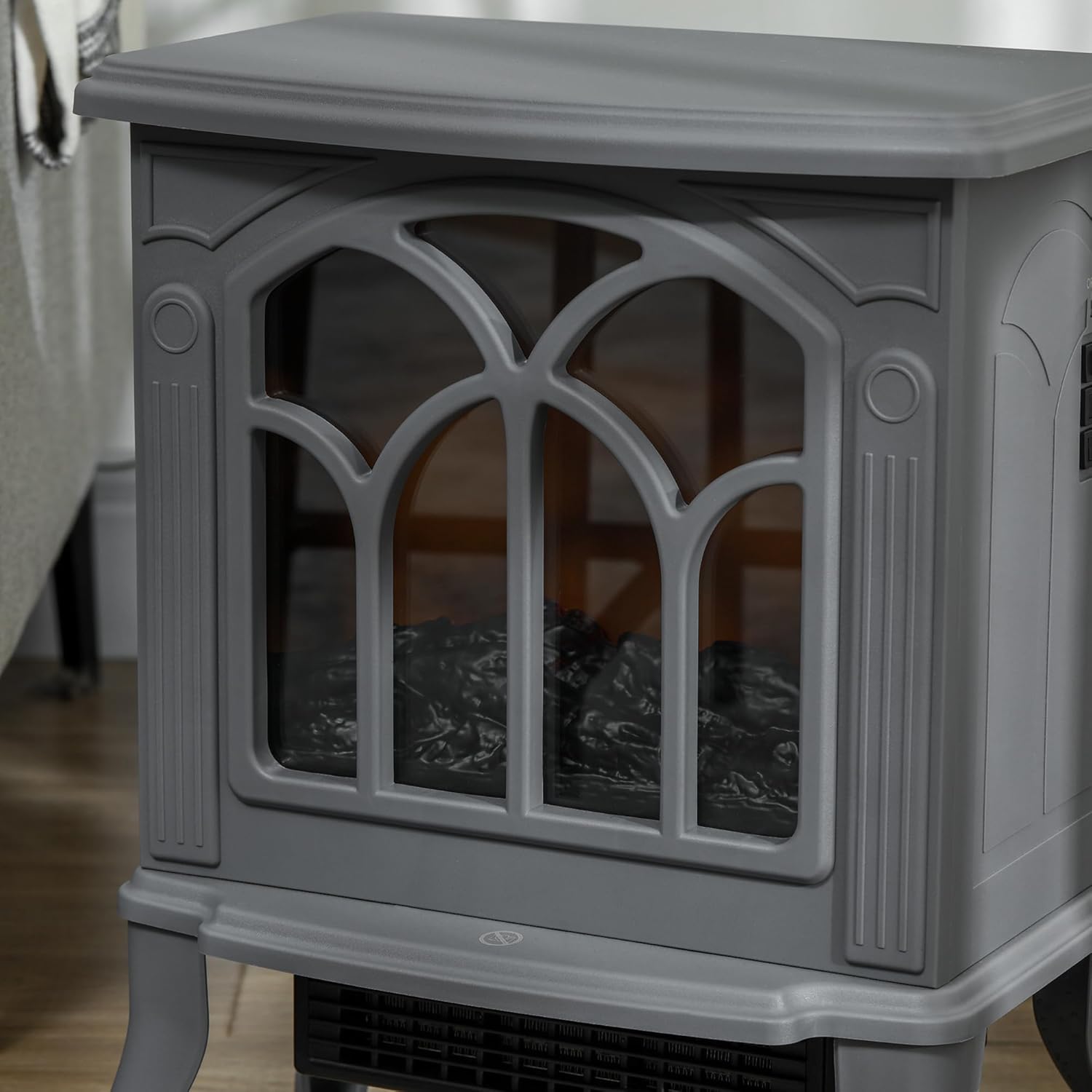 Realistic flame effect and logs inside the electric fireplace