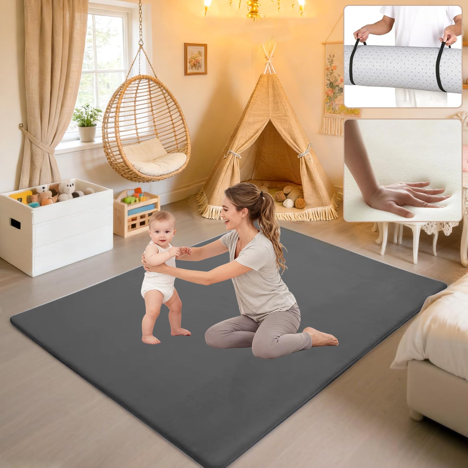 Tappeto Neonato, Tappeto Gioco Bambini Tappetos Bambini in Flanella, Tappetos per Gattonare Neonato Antiscivolo, Adatto per Box e Aree Gioco per Bambino 60 x 100 cm Grigio Scuro
