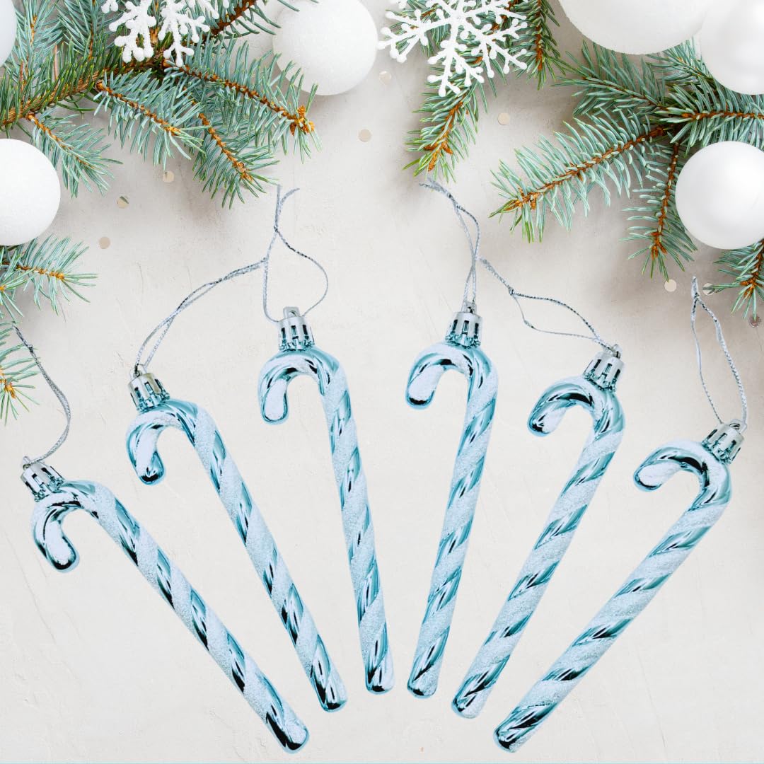 Glitter Candy Cane –Christmas Tree Hanging Decoration Bauble Xmas Ornament Pack of 6-13cm (Ice Blue)