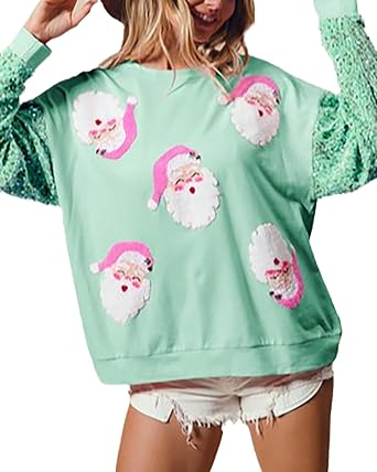 Womens Cute Santa Christmas Sweatshirts Funny Graphic Lightweight Sequin Long Sleeve Pullover Hoodies