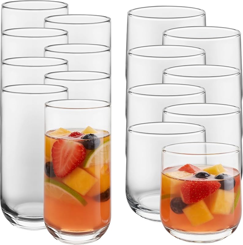 Libbey Ascent Tumbler & Rocks Drinking Glasses Set of 16, Clear Glass Cups | 16.25 oz & 12.25 oz Capacities Glasses for Water, Juice, Cocktails, and More with Curved Design and Dishwasher-Safe Care