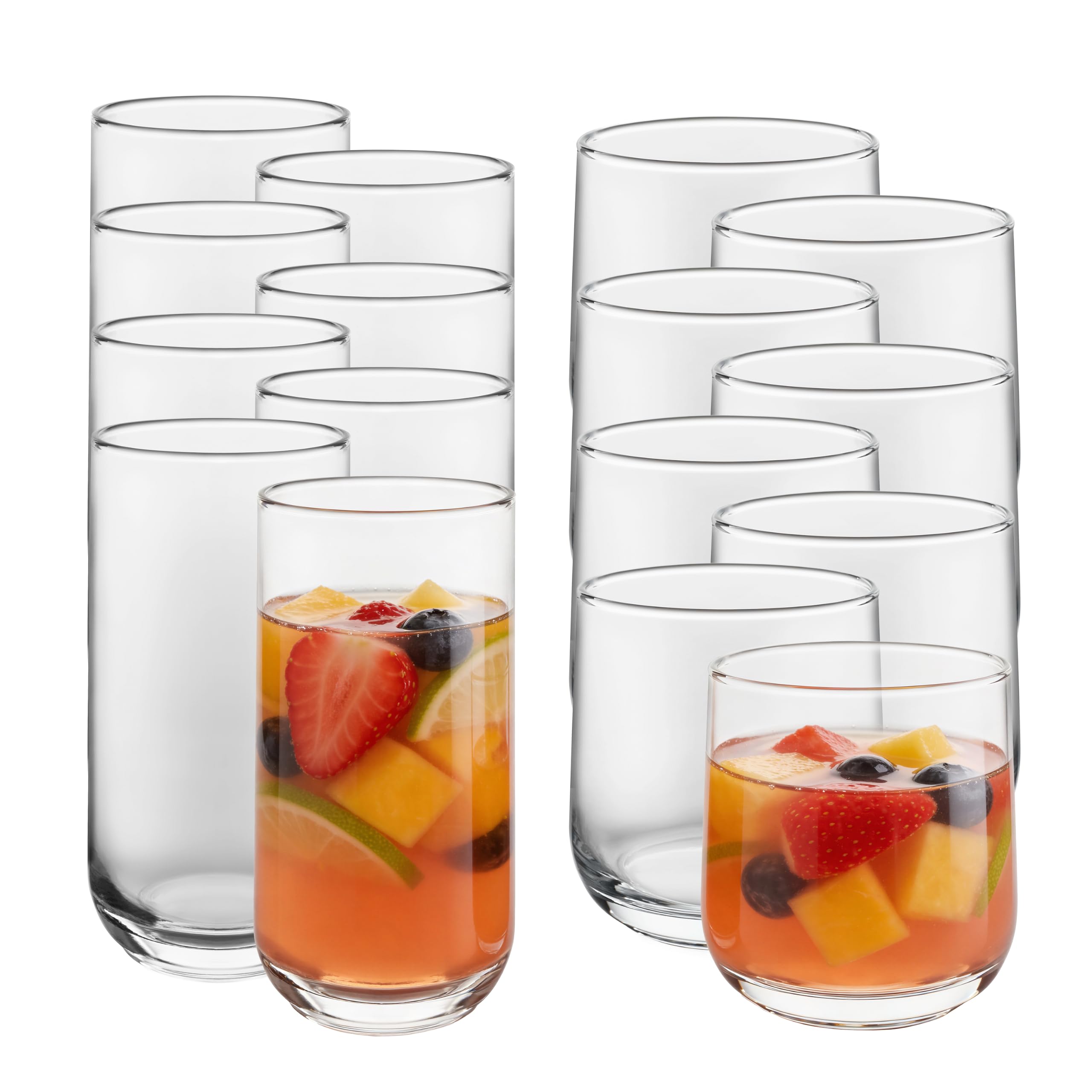 Libbey Ascent Tumbler & Rocks Drinking Glasses Set of 16, Clear Glass Cups | 16.25 oz & 12.25 oz Capacities Glasses for Water, Juice, Cocktails, and More with Curved Design and Dishwasher-Safe Care 01 - Ascent