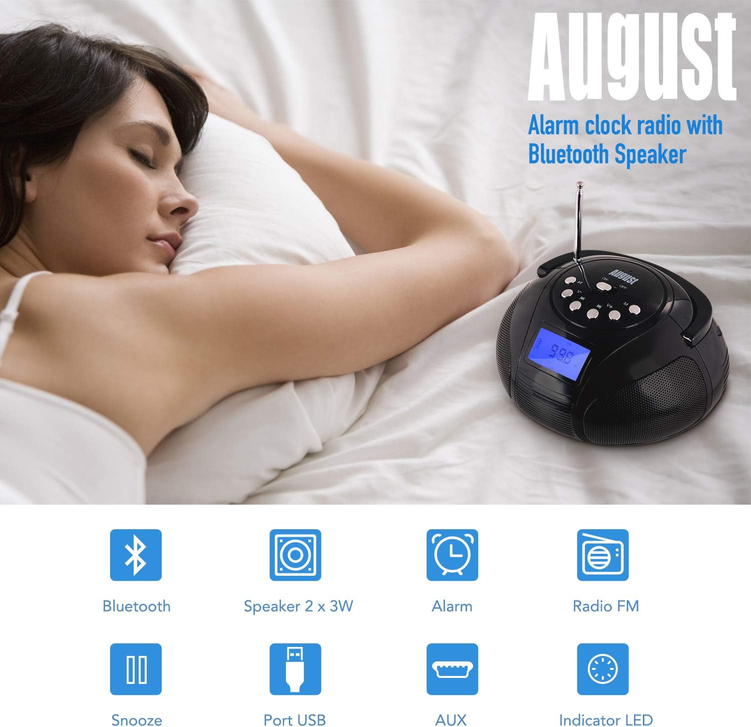 August SE20 used as an alarm clock next to a sleeping person