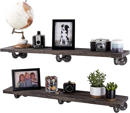 Miniatura 1 de Pipe DéCOR - Estantería de madera de pino de alta calidad Ponderosa de 35.8in de largo, juego de 2 tablas y soportes de 6 L, acabado negro