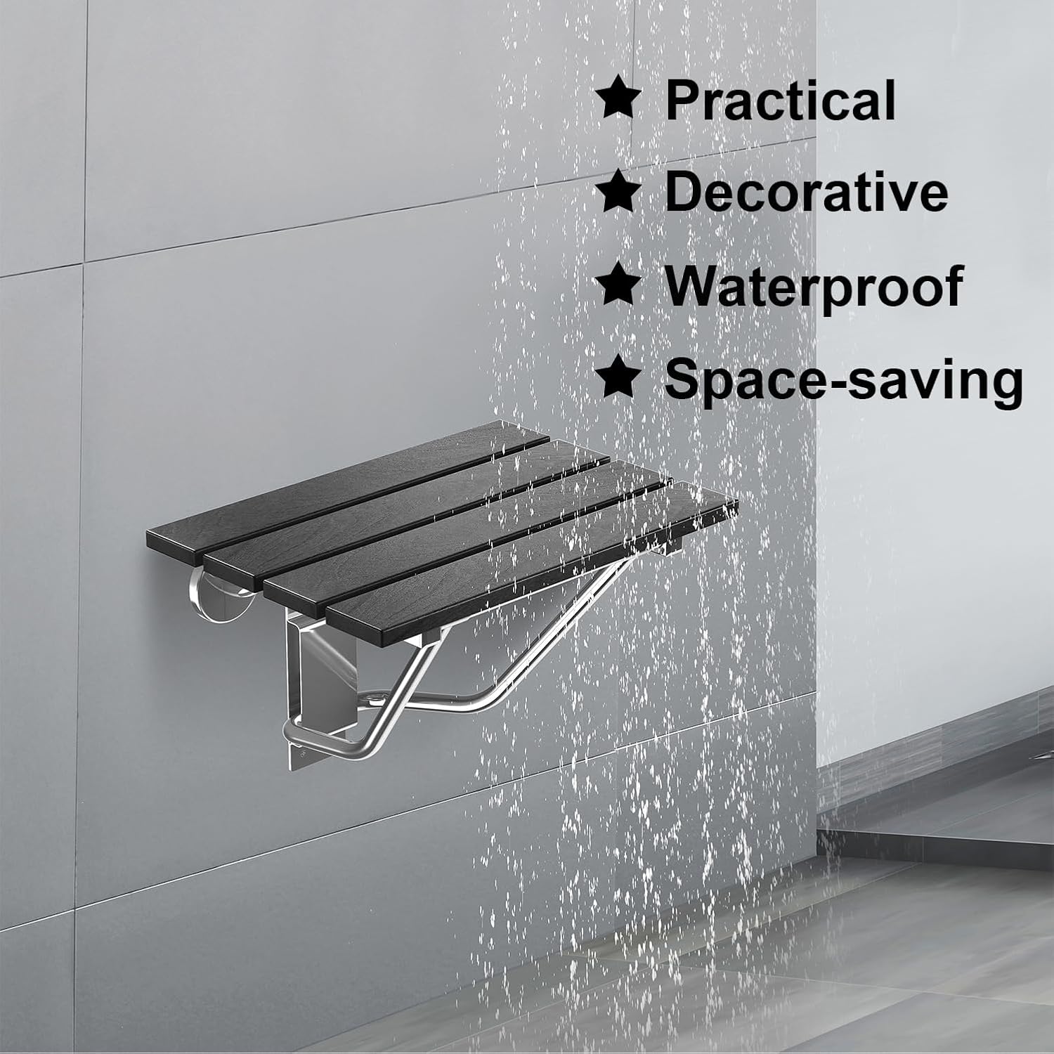 Folding Shower Seat & Chair Wall Mounted for Adults, Fold Down Shower Bench & Stool for Inside Shower, for Small Spaces, Foldable (Black, Extra Large)