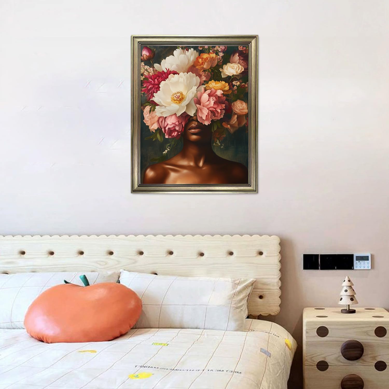 Vintage Framed Black Girl Wall Art Black Woman Portrait Oil Painting Modern Floral Blossom Canvas Print Artwork for Living Room Bedroom Wall Decor