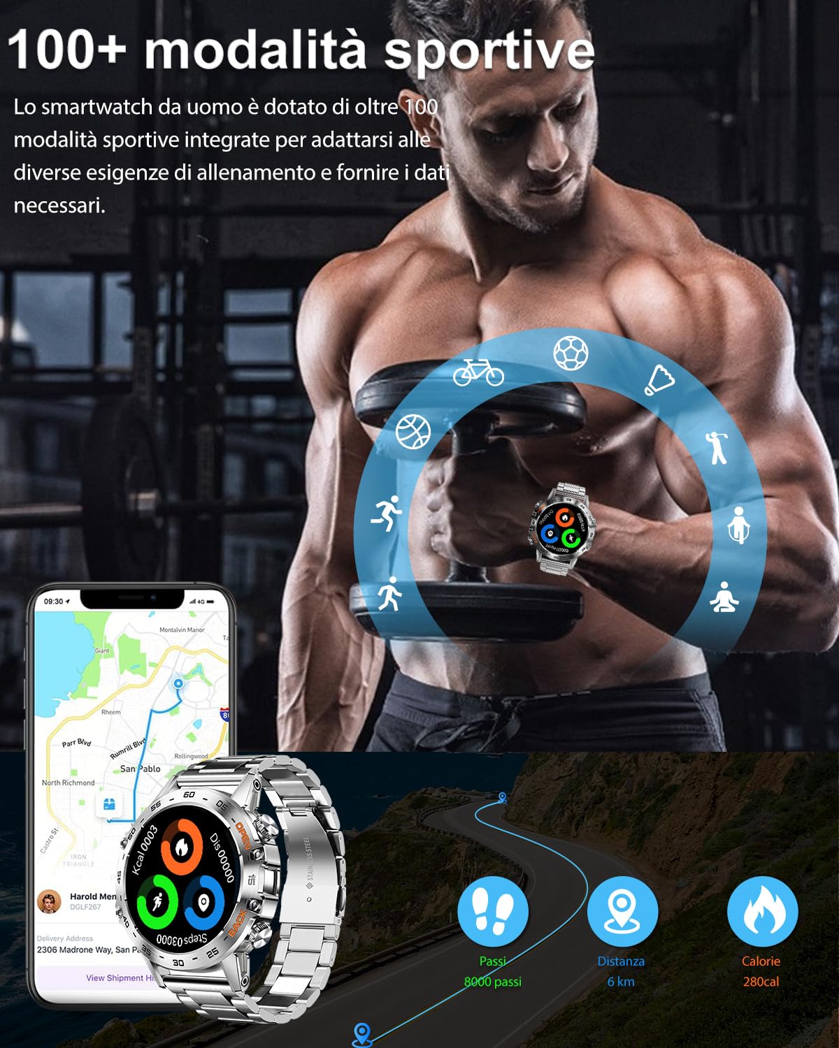 PODOEIL Smartwatch Militare in Metallo da Uomo, 1.39 "HD Screen Tattico Outdoor Rugged Watch con Health Monitor, 108 modalità Sportive Activity Tracker Smart Watch per iPhone Andriod Samsung