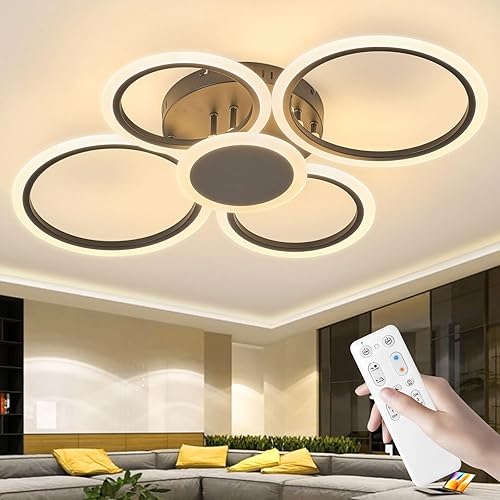SKY ANGLE Lámpara de techo de montaje empotrado, lámpara de techo moderna de 5 anillos, luz LED regulable de 45 W con control remoto para