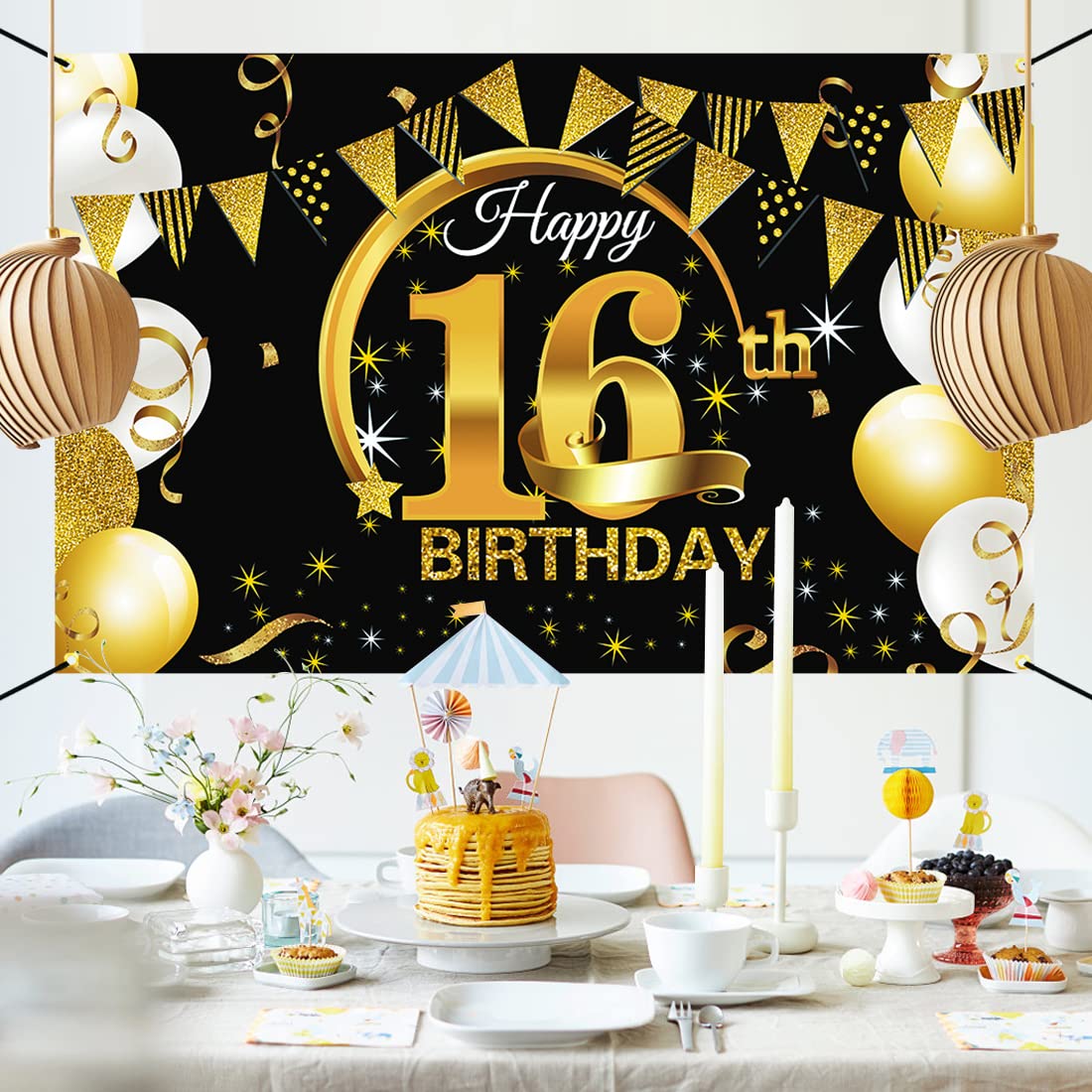 Decorazione 16° Compleanno Nero E Oro | 2 Striscioni: 'Happy Birthday' E 'Cheers To 16 Years' | 30x180 Cm | Per Interni/esterni | Compleanno Ragazzi E Ragazze
