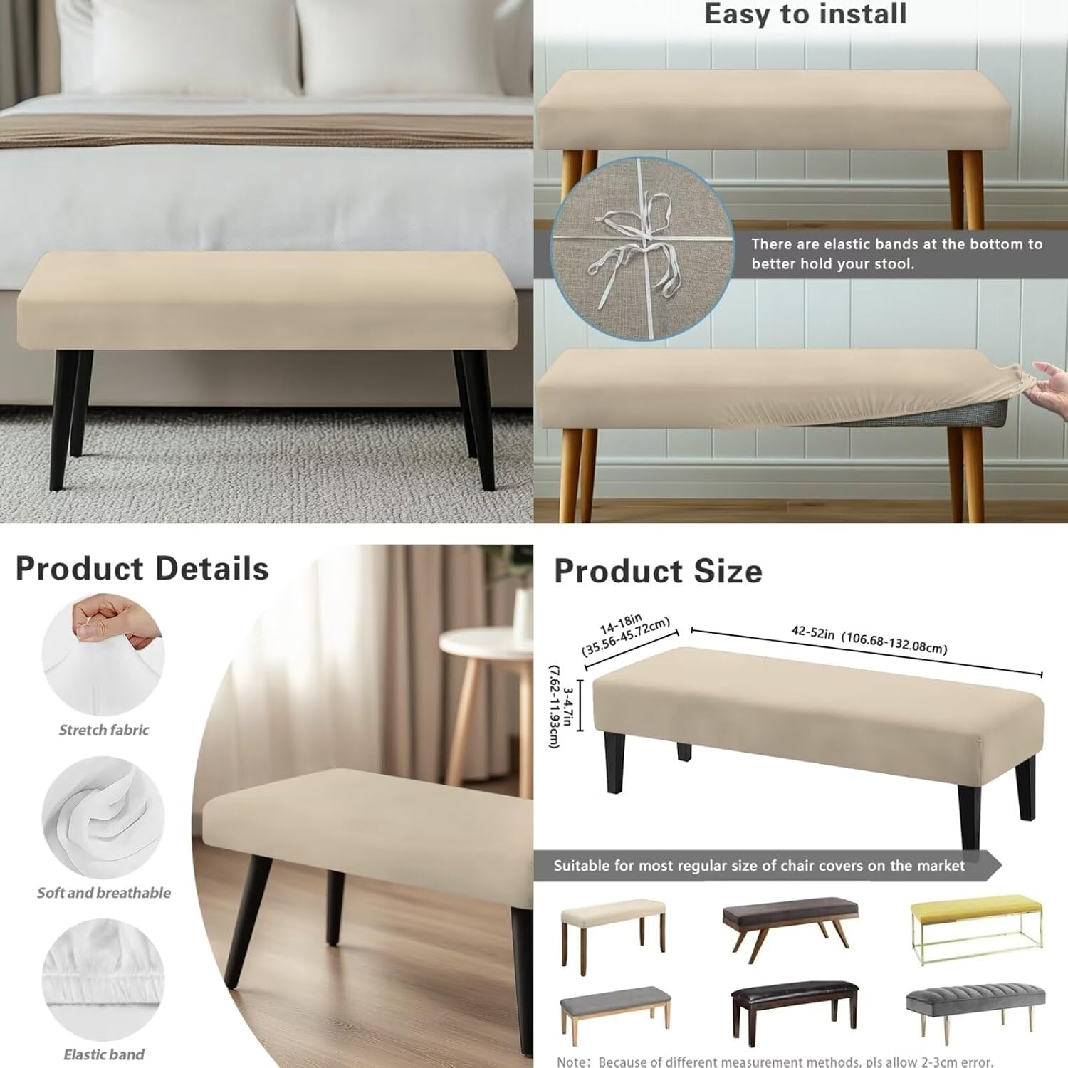 Solid Apricot Dining Room Chair Covers Set of 4 with Bench Cover Beige Washable Kitchen Chair Seat Covers Stretch Dining Chairs Seat Slipcovers Without Arms Removable Chairs Protector