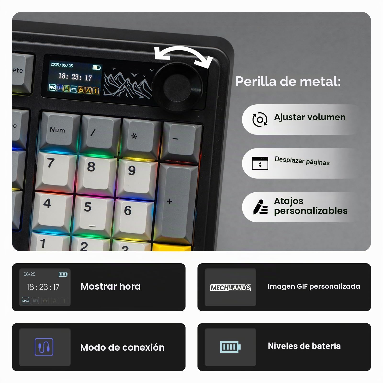 MechLands AK980 96% 3 Modos Teclado Inalámbrico para Juegos con Pantalla TFT de 1.14'', Teclado Hot Swappable con Placa FR4, Perilla, RGB para Win/Mac (Black Gift V2 Switch)