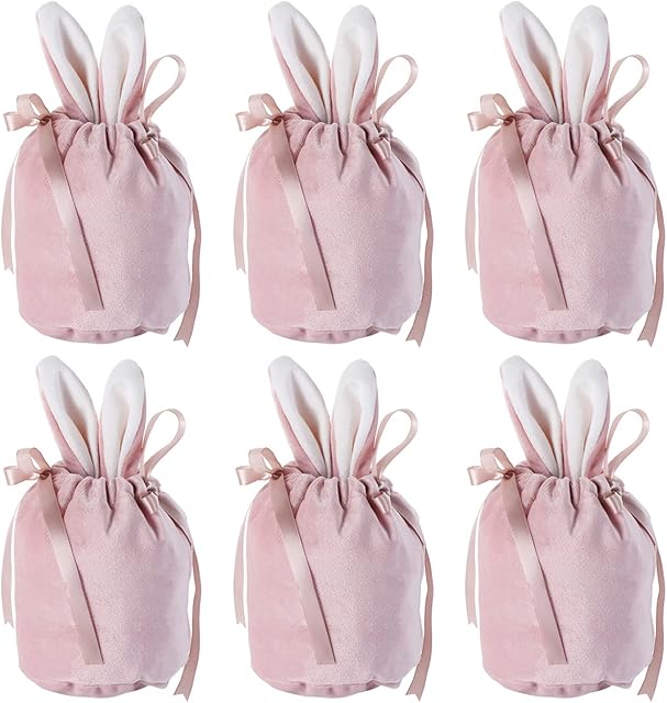 ONNPNN 6 Pieces Easter Bunny Gift Bags Velvet Bags Drawstring Jewellery Pouches Candy Bags Bunny Ear Bags for Wedding Birthday Party Favors Easter Bags Easter Decorations,Pink,16 * 14cm/6.3 * 5.5inch