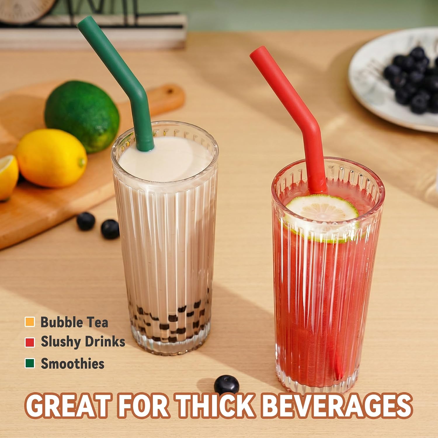 NiHome 6-Pack Extra Wide Reusable Bent Silicone Straws for Boba, Smoothies, Bubble Tea, Bent Straws Eco-Friendly & Colorful for Thick Drinks, Dishwasher Safe, Customizable Length, 2 Brushes