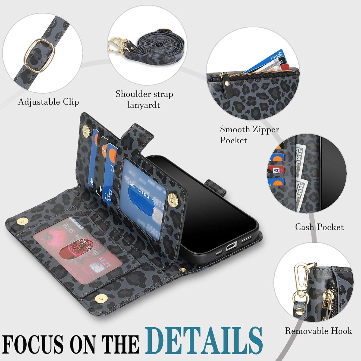 for iPhone 16 Pro Max Phone Case Wallet with Crossbody Strap, Shoulder Necklace Lanyard,flip Cover PU Leather, for Women Men, Zipper Pocket, Kickstand, Card Holder, 6.9" Black Leopard
