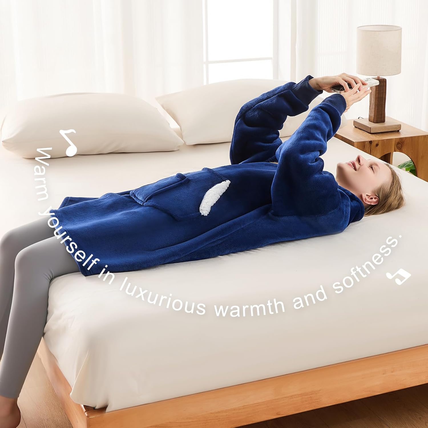 Wearable Blanket Hoodie, Oversized Sherpa Fleece Sweatshirt Blanket with Giant Pockets & Sleeves for Adult, Cozy Hooded Blanket, Winter Gift for Women, Navy Blue - Image 6