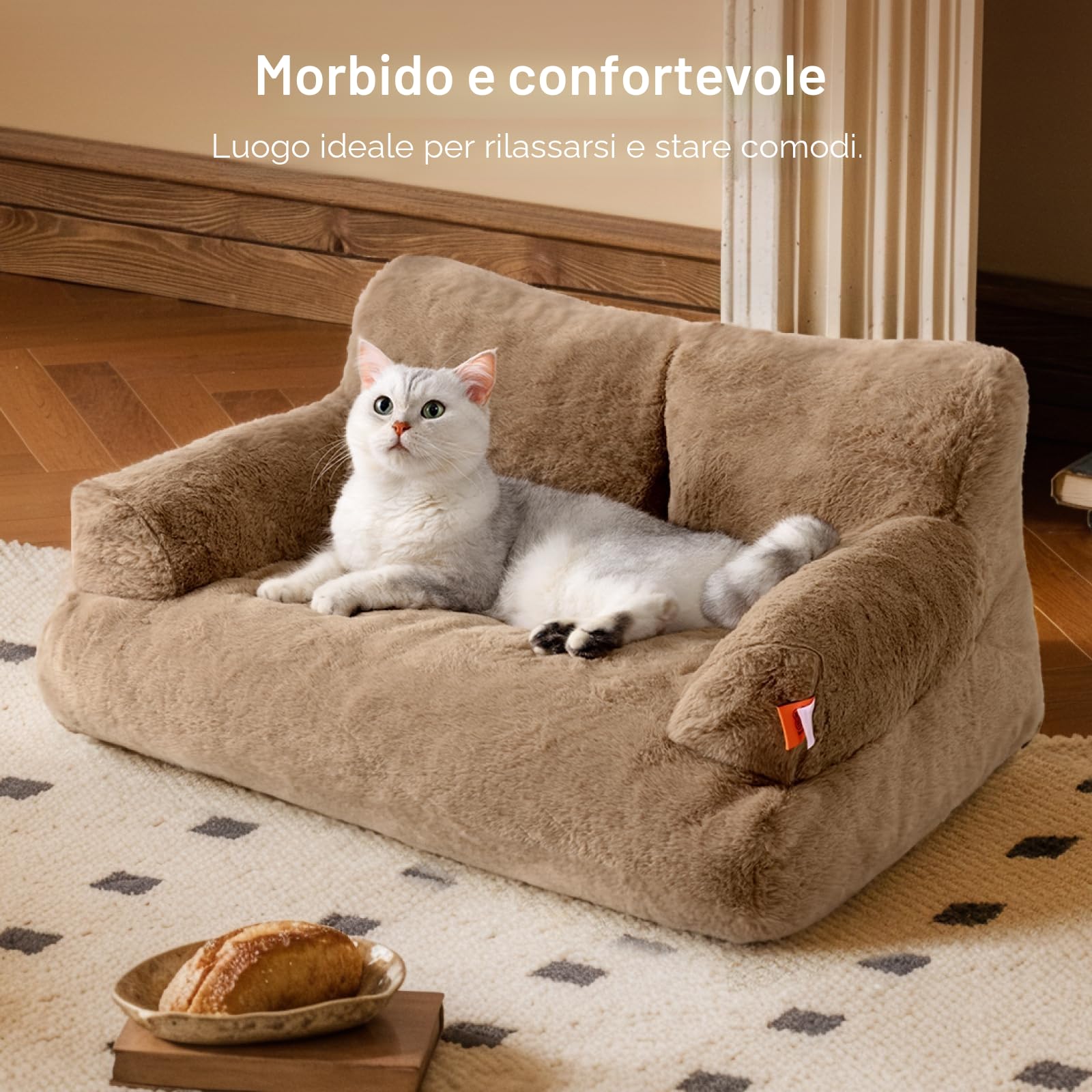 MEWOOFUN Cuccia grande per gatti, 66 x 48 cm, soffice e morbido, per cani e gatti di medie e piccole, graziosa cuccia per gatti con fondo antiscivolo (Cachi)