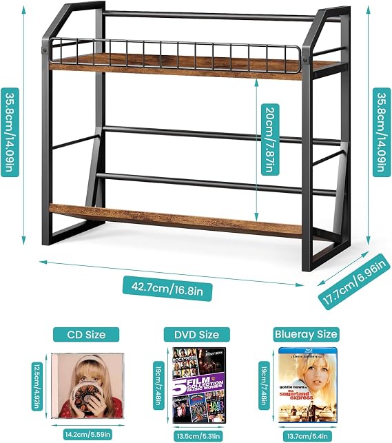 ELITEROO 2 Tier CD Holder Wood DVD Storage Rack Sloped CD Organizer Tower for Display, CD Case Shelf, Holds 80 Standard CDs or 56 DVDs, Desktop DVD Stand for Music Lovers - Rustic Brown