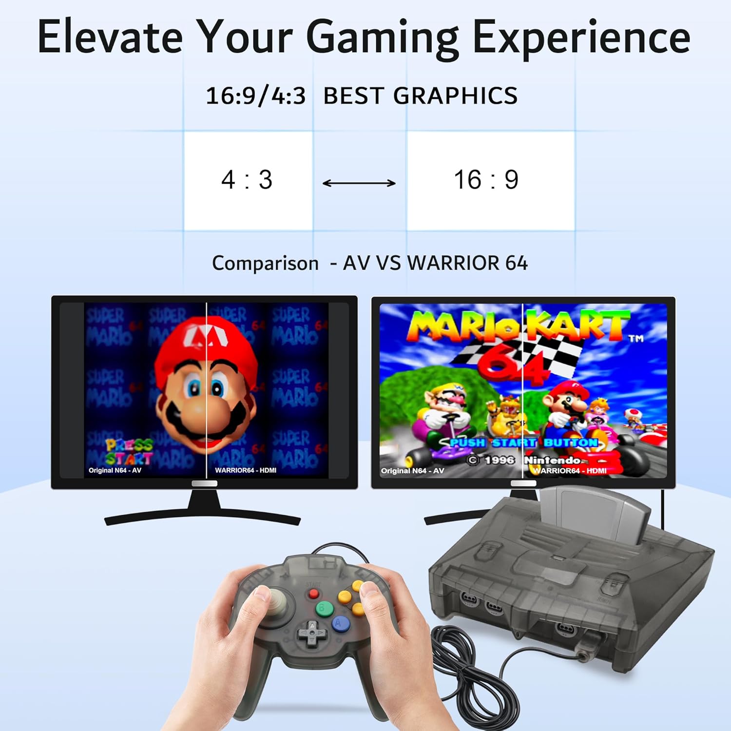 N64 Console - Newly Design Looking for N64 with HD Output (Native RGB Signal), 100% Better Video Quality, Plug & Play - Compatible with All US/JP Cartridges, Including 1 Warrior 64 Controlle (Black)