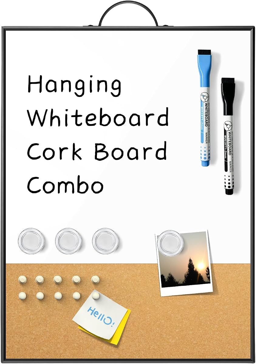 White Board Cork Board Combo, 16"x12" Portable Aluminum Frame | With Handle for Wall Hanging, Dry Erase Magnetic Whiteboard with Cork for Office Home School, Includes Markers Pins Magnets